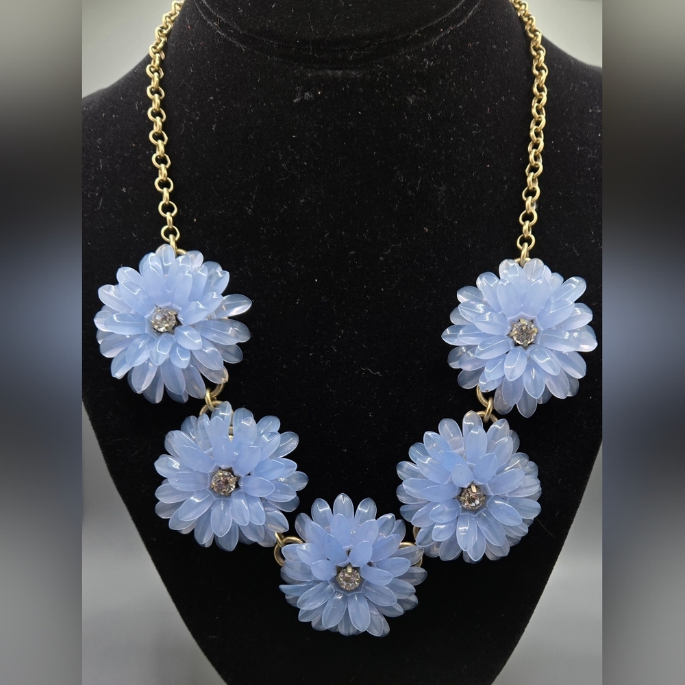 J. Crew Statement Necklace Gold Tone Chain & Clasp Light Blue Flowers 17" Long